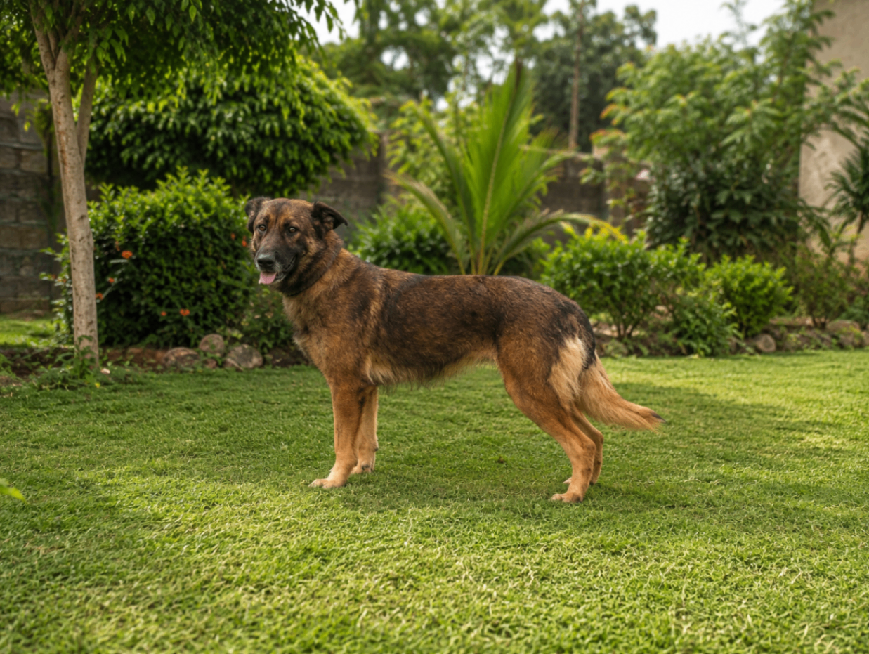 Trained compound guard dog standing alert