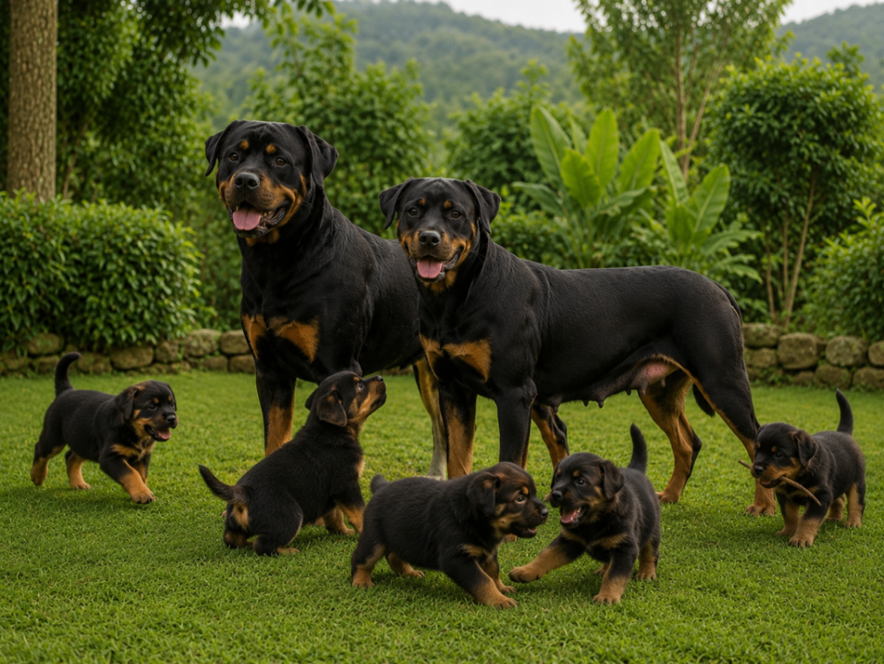 Rottweiler parents with puppies playing