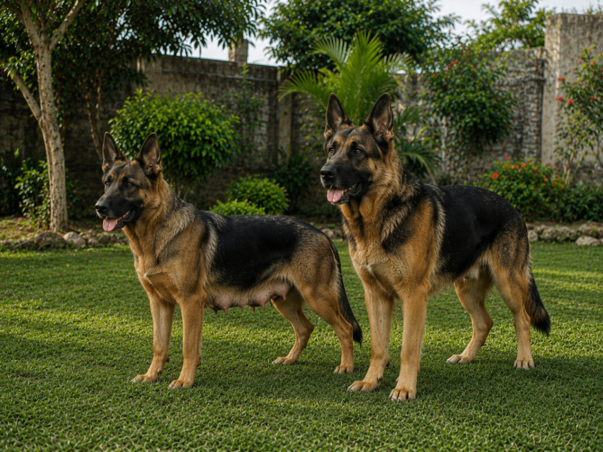 German Shepherds standing on the lawn at Xyloxy Kennels
