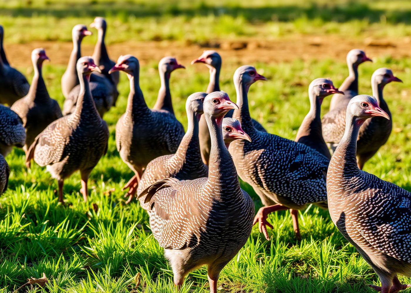 Guinea fowls foraging on green grass