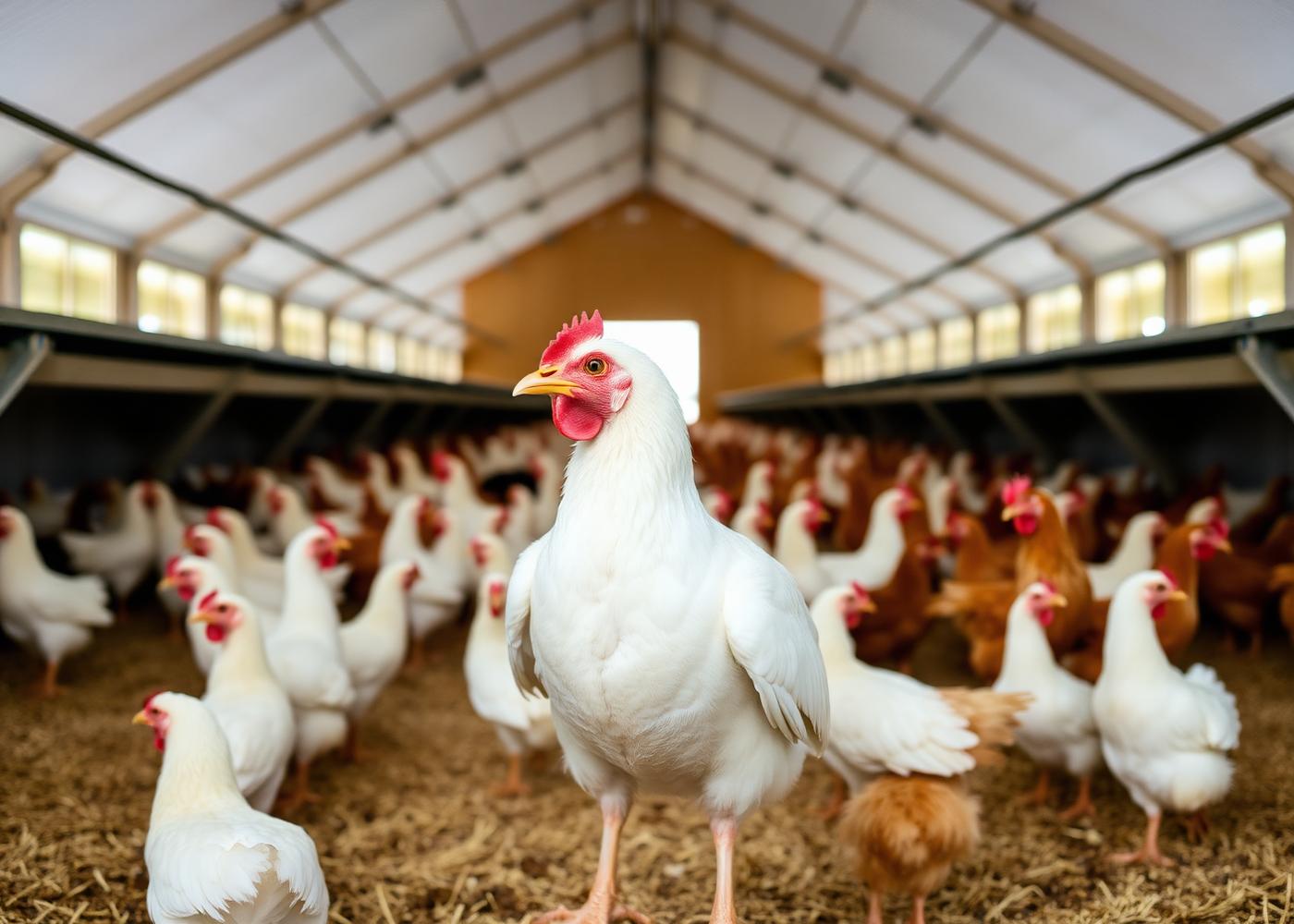 Broiler and layer chickens inside a clean poultry house