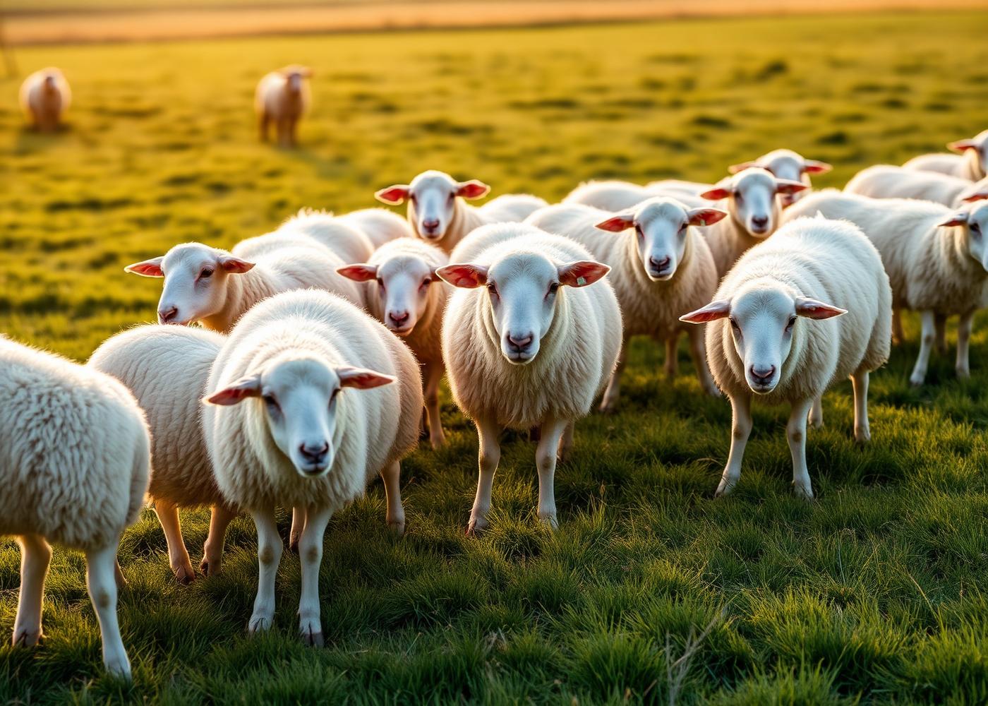 Flock of white sheep grazing at sunset